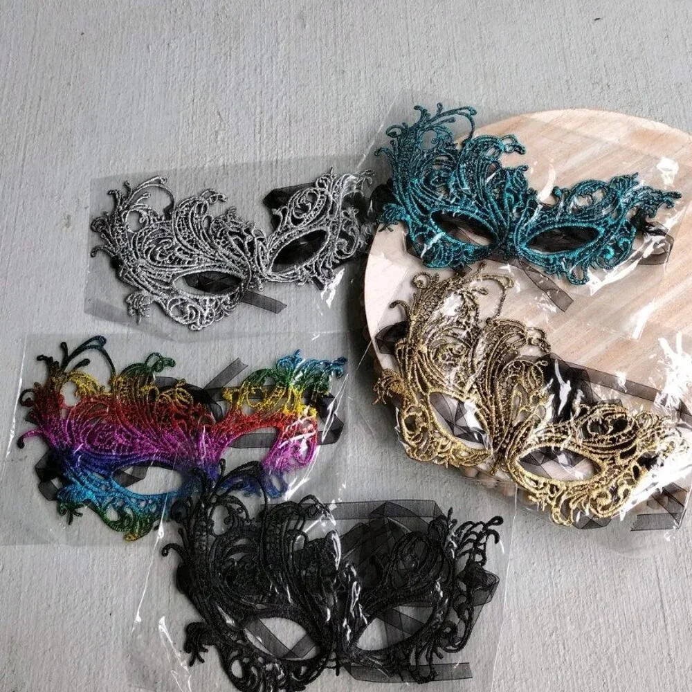 NWOT 5 pk Gold Black Multicolor Silver Treal Lace Eye Mask Mardi Gras Party